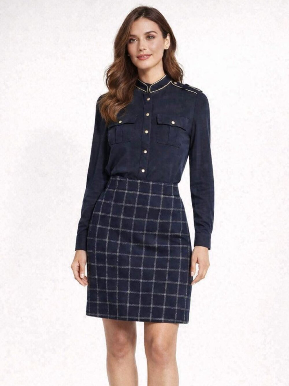 Banana Republic Navy & Metallic Grid Pencil Skirt